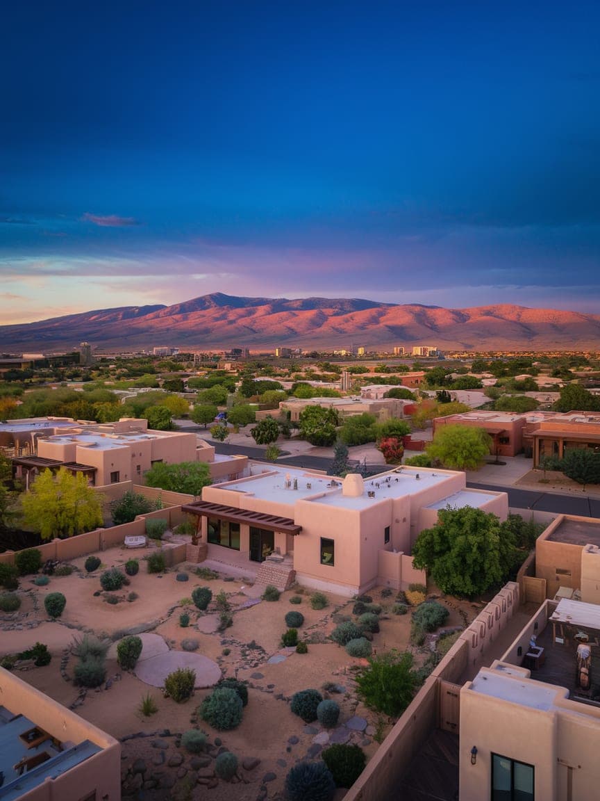 Aerial view of an affluent Albuquerque neighborhood at golden hour with the Sandia Mountains glowing in the background