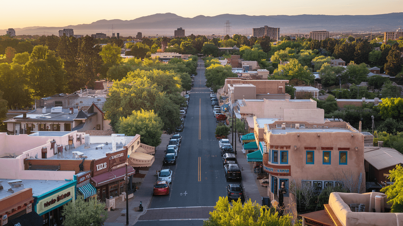 An aerial view of the Nob Hill neighborhood in Albuquerque showing the Central Avenue corridor with eclectic storefronts, mature trees lining residential streets, and a mix of historic adobe homes with casitas visible in backyards