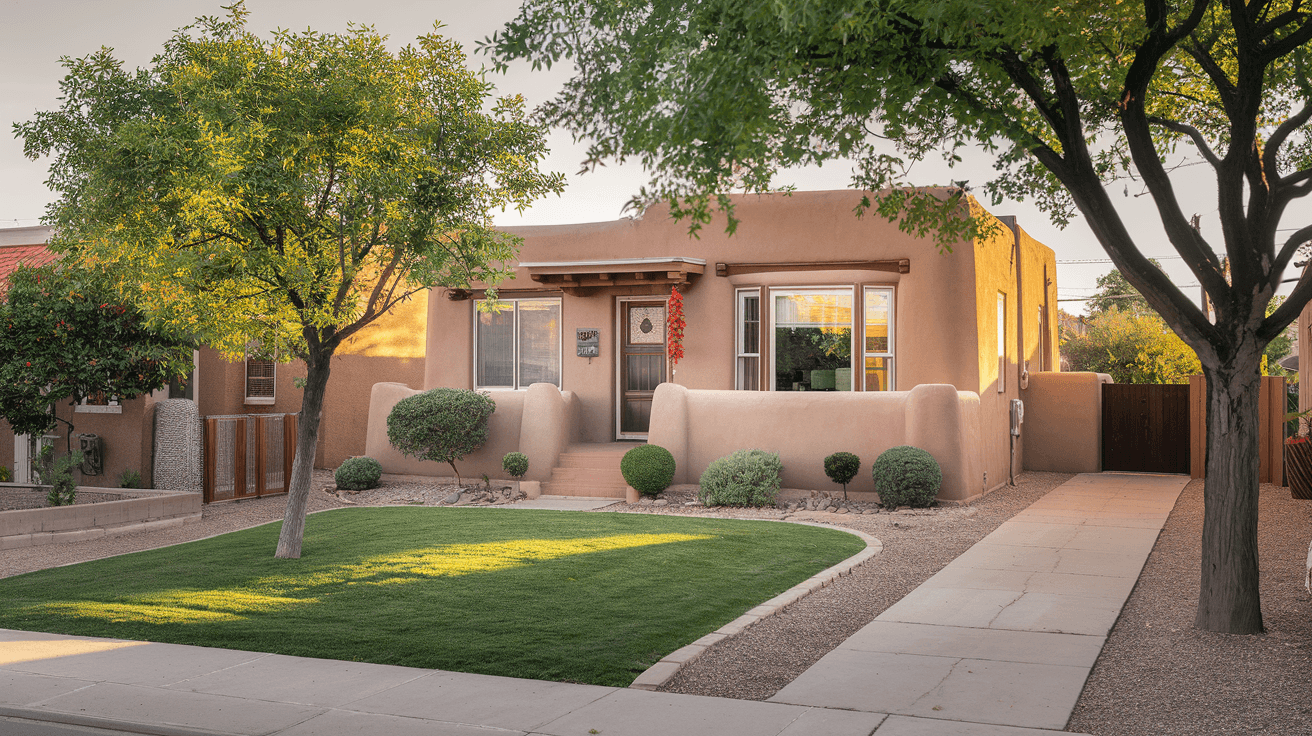 Aerial view of the Albuquerque cityscape at golden hour with the Sandia Mountains glowing pink in the background and the Rio Grande visible in the distance