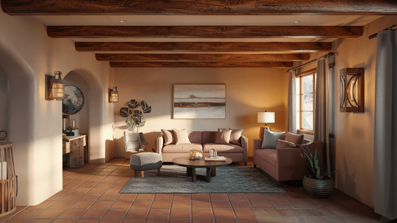 A charming 1950s adobe bungalow on a tree-lined street in Nob Hill, Albuquerque, with a red chili ristra hanging by the front door and afternoon light casting long shadows across the yard