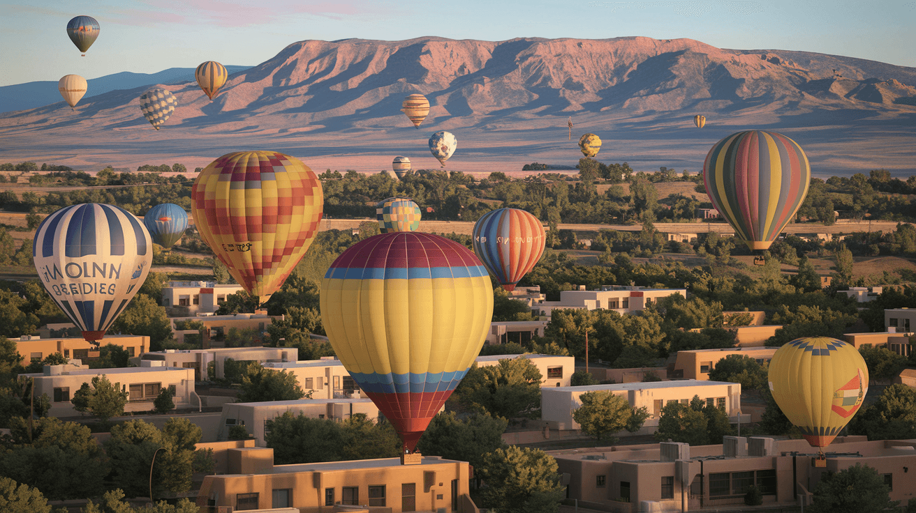 Dozens of colorful hot air balloons floating at low altitude over the cottonwood bosque and adobe homes of Albuquerque's North Valley at sunrise, with the Sandia Mountains glowing pink in the background