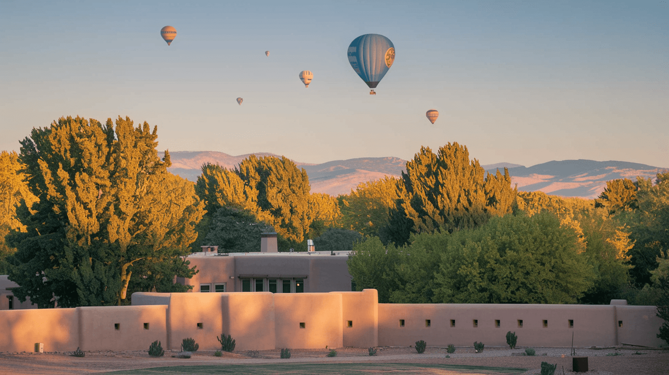 A wide-angle view of a spacious North Valley backyard with mature cottonwood trees, a traditional adobe wall, and multiple hot air balloons visible in the early morning sky above the property