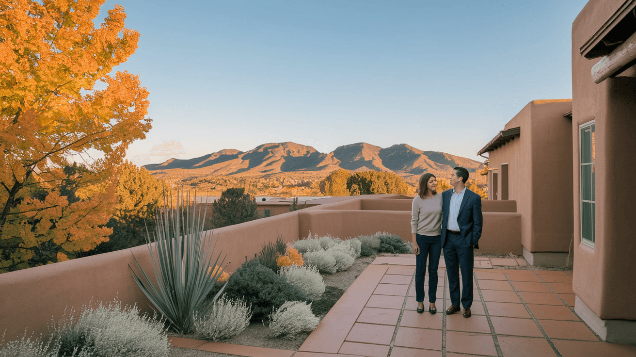 A professional real estate agent showing a couple the view of the Sandia Mountains from the backyard patio of an adobe-style home in Albuquerque during a warm fall afternoon