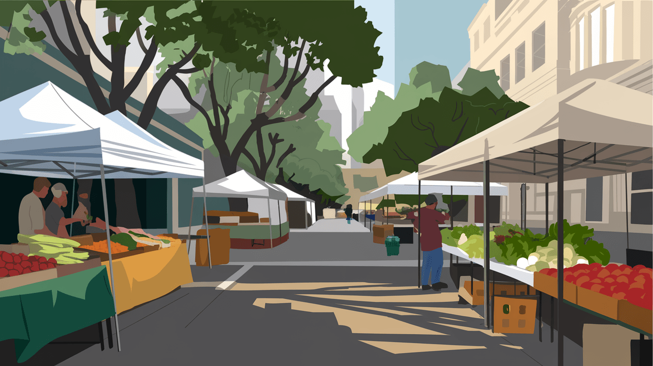 Saturday morning scene at the Nob Hill Growers' Market along Central Avenue, with produce stands, canvas tents, and mature trees lining the median