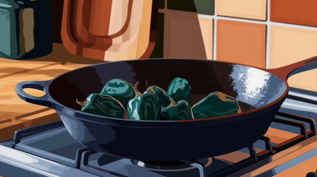 A close-up of a cast iron skillet on a home kitchen stovetop with roasted and peeled green chiles glistening inside, a worn wooden cutting board and adobe-colored tile backsplash visible in the background
