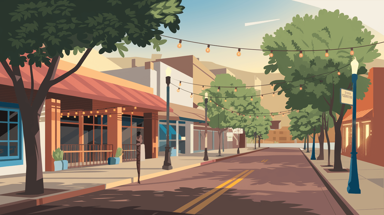 A walkable tree-lined street in Nob Hill, Albuquerque, with low adobe-style commercial buildings, string lights visible on a patio, and the warm golden light of late afternoon casting long shadows across Central Avenue