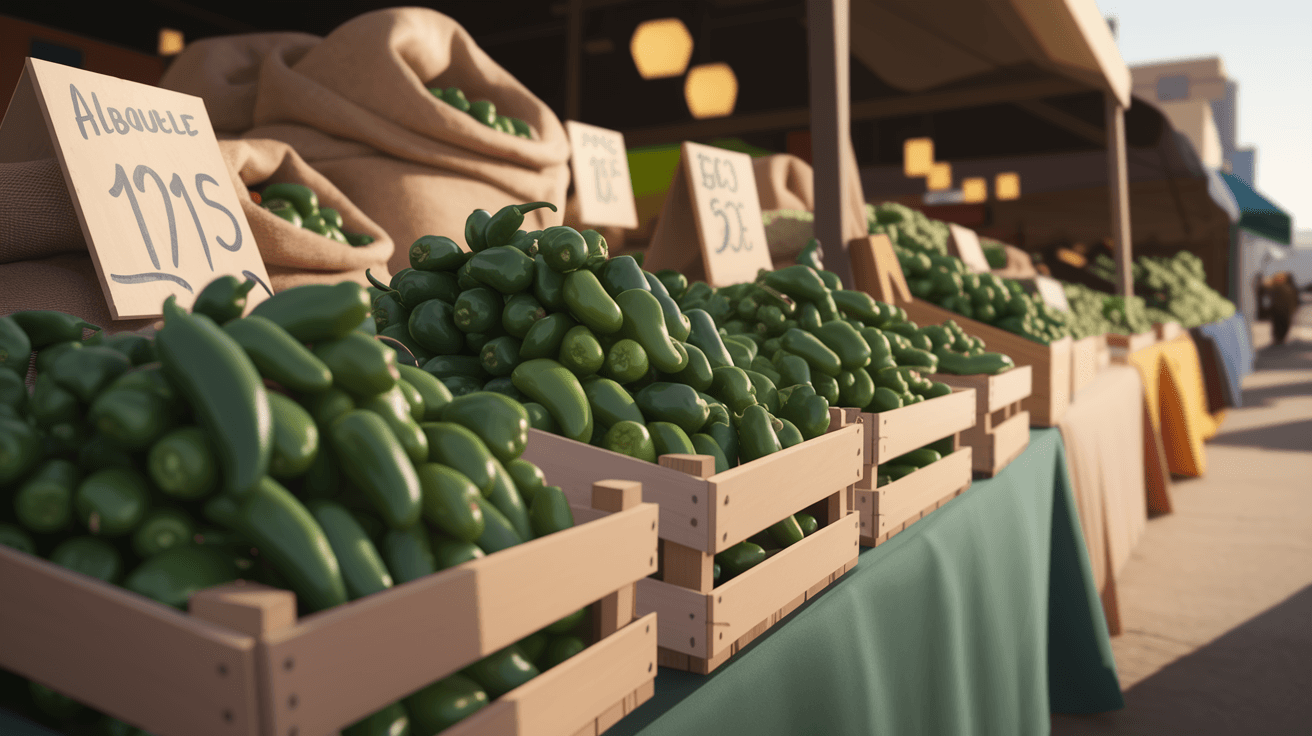 Fresh green chiles piled in wooden crates at an open-air farmers market in Albuquerque, with burlap sacks and handwritten price signs visible in the warm morning light
