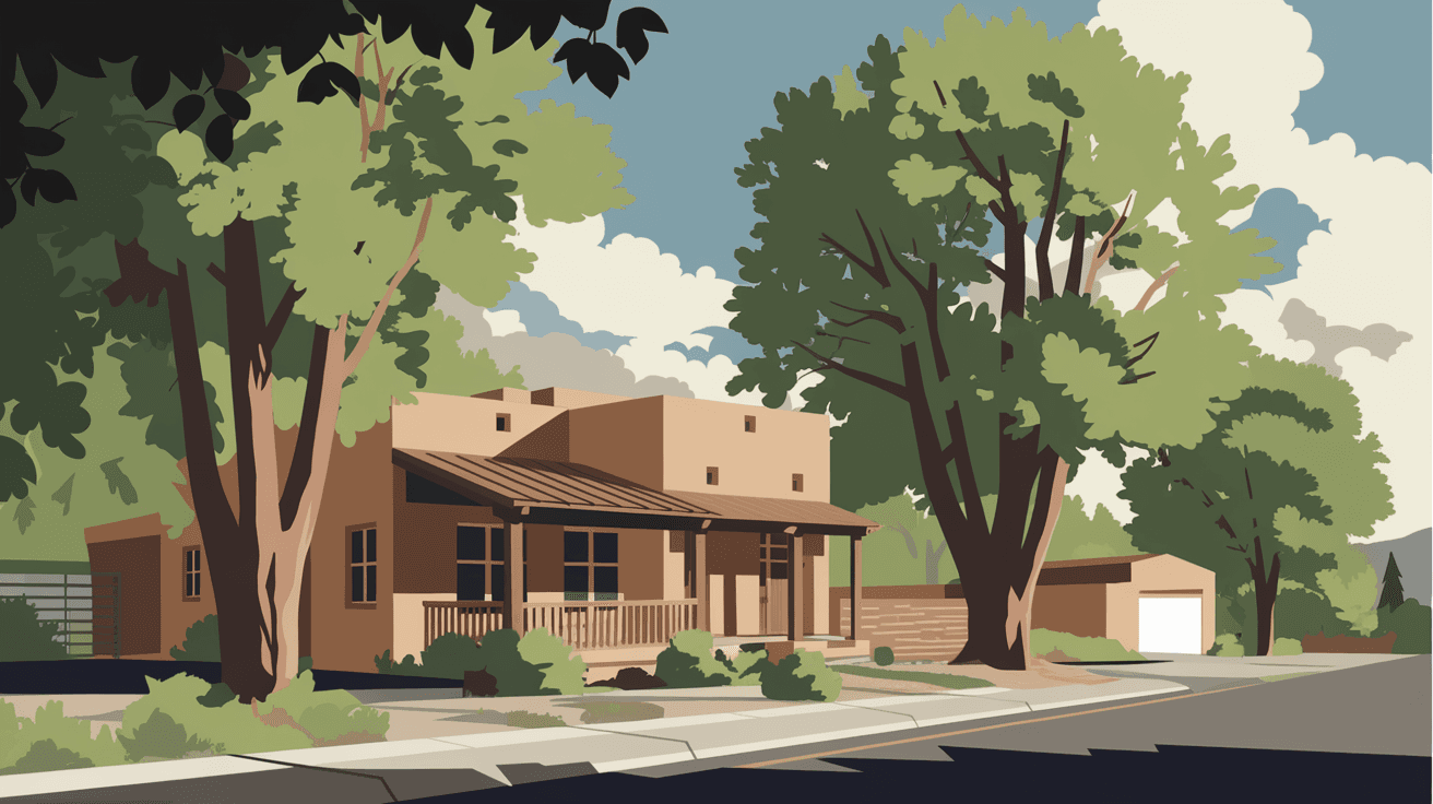 A North Valley adobe home surrounded by mature cottonwood trees in late summer, with the Rio Grande bosque visible in the background and golden afternoon light filtering through the leaves