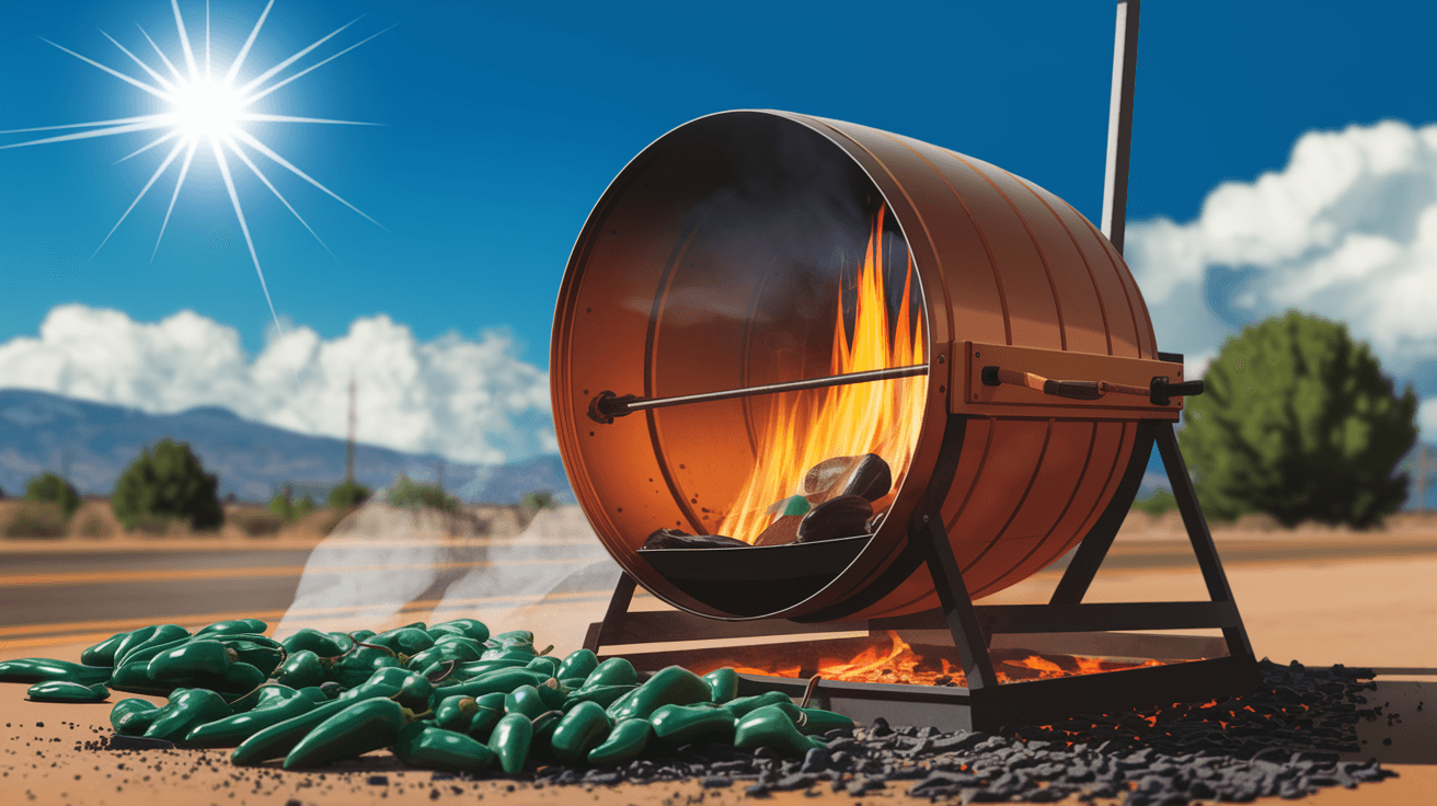 A wire drum chile roaster spinning over open flame at a roadside stand in Albuquerque, smoke rising against a bright August sky with the Sandia Mountains visible in the background
