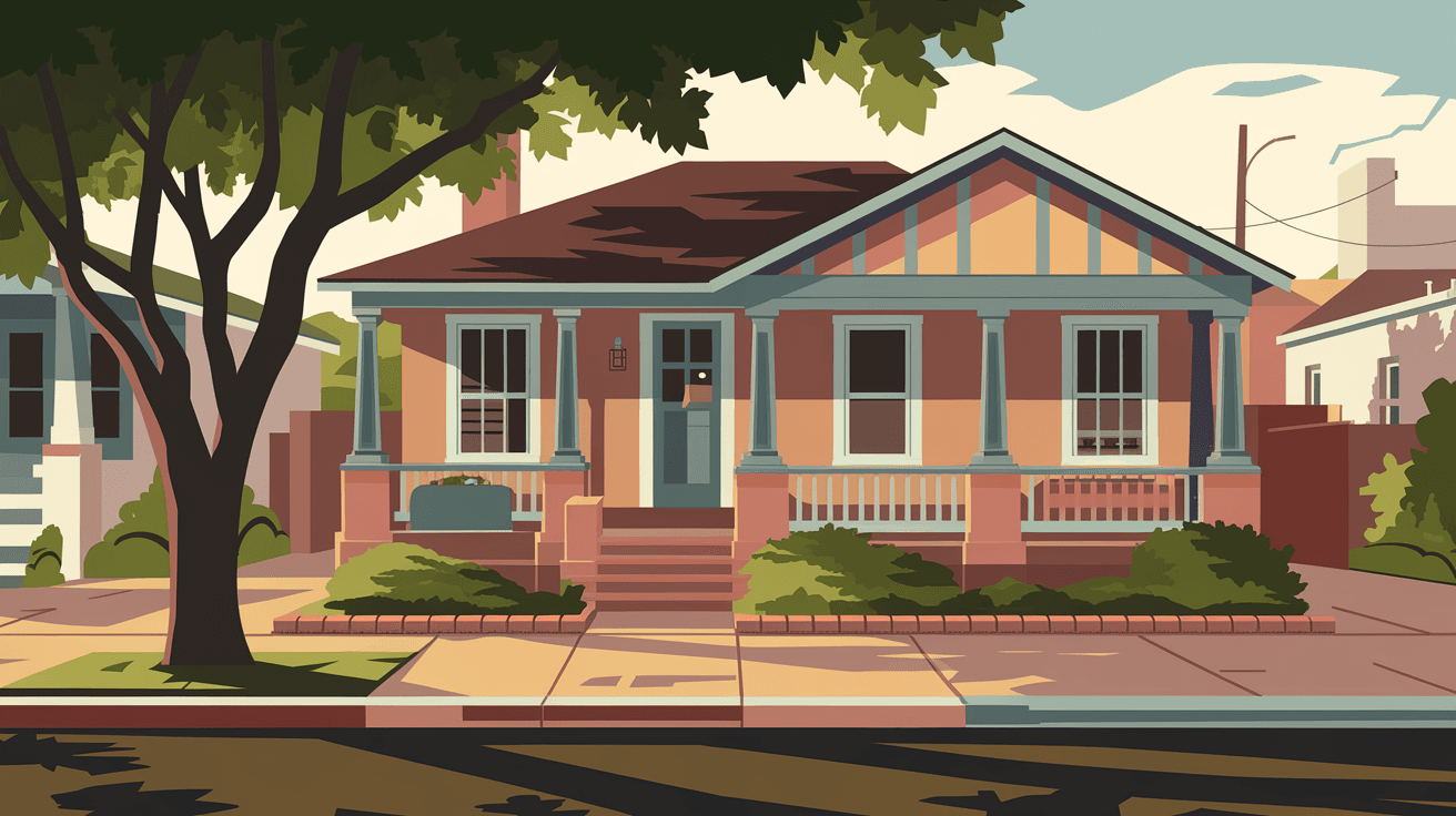A classic Albuquerque bungalow in the Nob Hill neighborhood with a covered front porch, mature shade trees lining the sidewalk, warm afternoon light casting long shadows, the Sandia Mountains faintly visible in the background