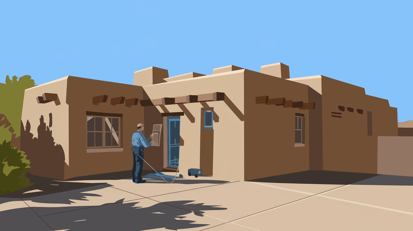 A home inspector examining the exterior stucco and flat roof of a traditional New Mexico-style adobe home in a sunny Albuquerque neighborhood