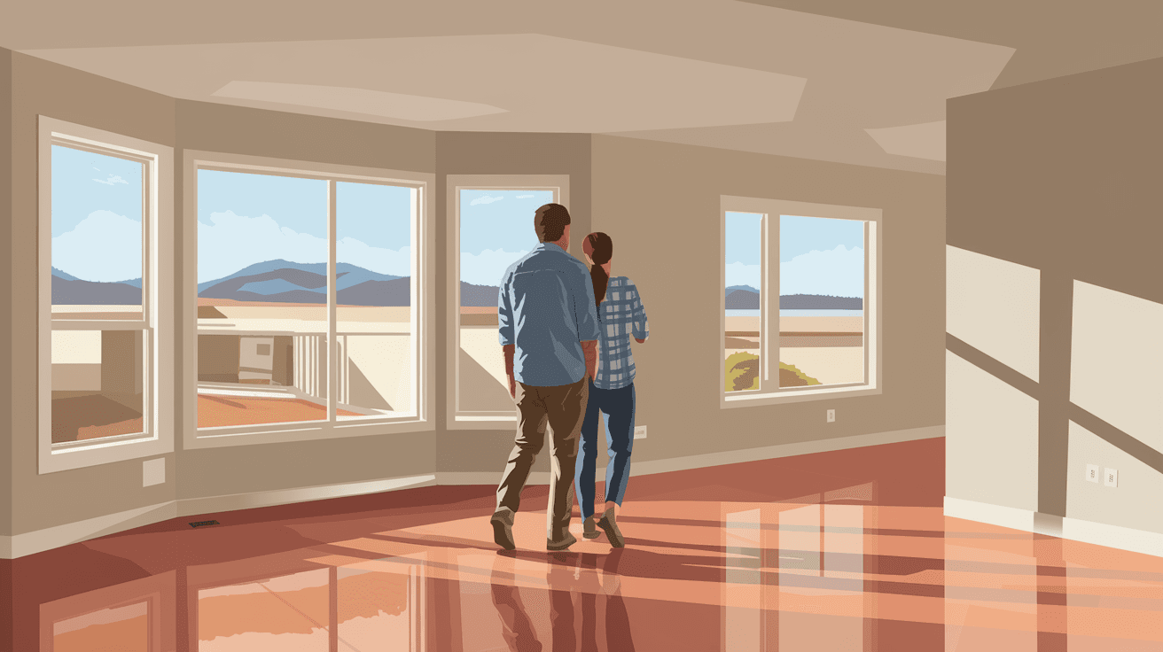 A couple doing a final walkthrough of a bright, empty living room with large windows showing an Albuquerque mountain view in the background