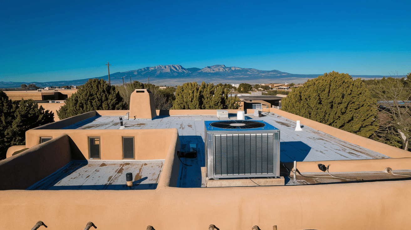 Aerial view of a flat-roofed adobe home in Albuquerque, New Mexico showing weathered elastomeric roof coating and an evaporative cooler unit, with the Sandia Mountains visible in the background