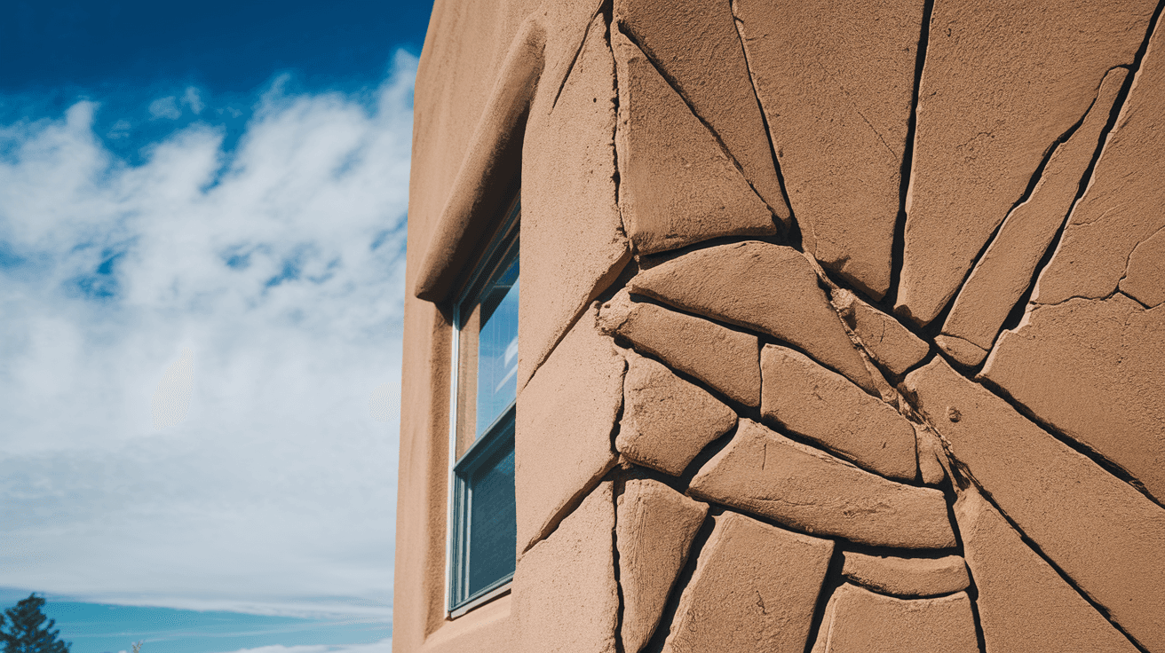 Close-up of diagonal stucco cracks radiating from the corner of a window on a tan adobe home in Albuquerque, New Mexico, with a bright high-desert sky in the background