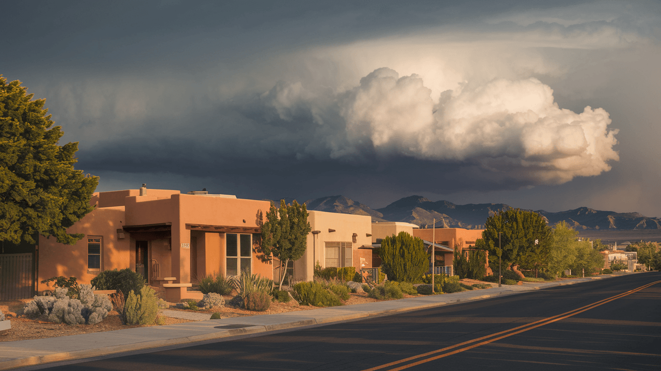 Wide-angle view of an Albuquerque residential street in summer showing adobe-style homes with flat roofs, mature xeriscape landscaping, and dramatic monsoon storm clouds building over the Sandia Mountains in the distance