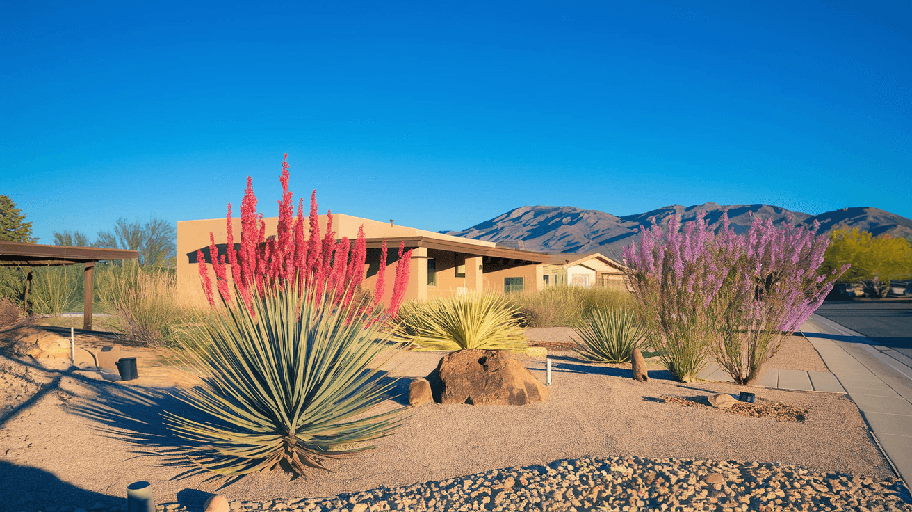 Established xeriscape front yard in an Albuquerque neighborhood with blooming desert plants, decomposed granite ground cover, drip irrigation lines visible, and the Sandia Mountains rising in the background under a clear blue sky