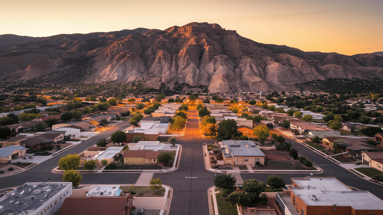 Aerial view of Albuquerque residential neighborhoods stretching toward the Sandia Mountains at golden hour, showing the density of the Northeast Heights and foothills communities