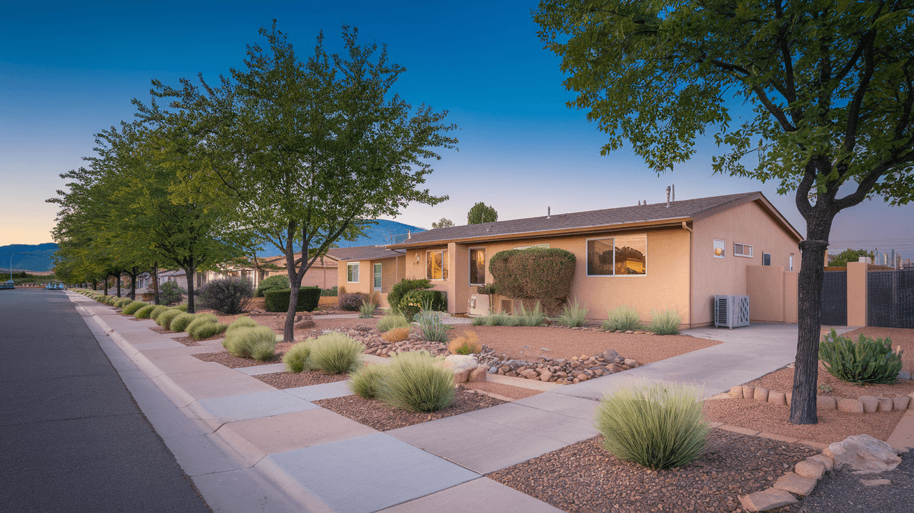 Street-level view of a well-maintained mid-century ranch home in the Northeast Heights with mature cottonwood trees, a freshly landscaped xeriscape front yard, and the Sandia Mountains visible in the background