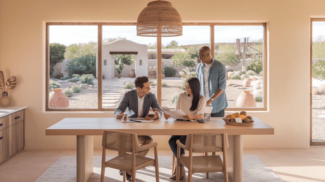 A couple reviewing documents with a real estate agent at a kitchen table in a bright, modern Albuquerque home with desert landscaping visible through large windows