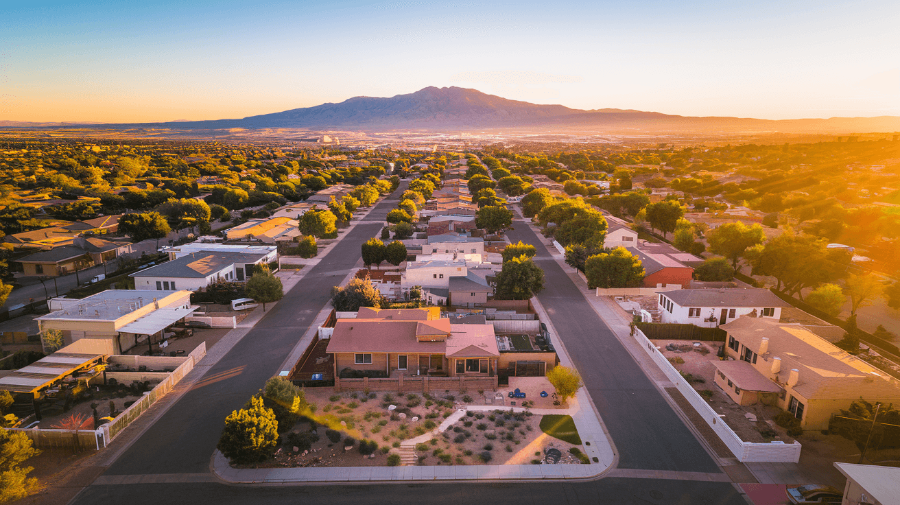 Aerial view of Albuquerque residential neighborhoods with the Sandia Mountains at golden hour, showing the sprawl of the Northeast Heights and the Rio Grande corridor below