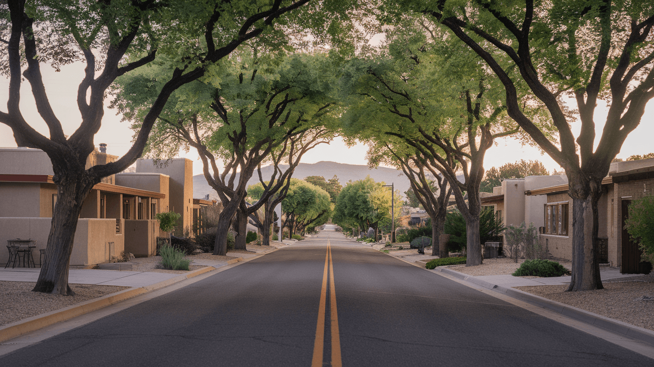 A tree-lined street in Nob Hill with mid-century modern homes, mature elms, and a mountain view at the end of the block in late afternoon light