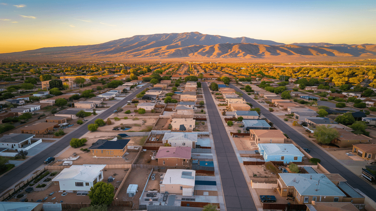 Aerial view of Albuquerque's Northeast Heights neighborhood with the Sandia Mountains glowing pink at sunset, residential streets and rooftops visible below