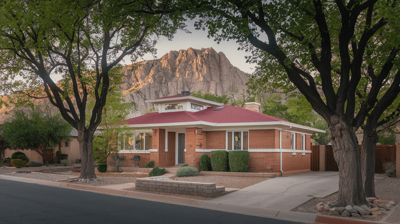 A well-maintained mid-century ranch home on a tree-lined street in Albuquerque's Northeast Heights, with the Sandia Mountains visible in the background, late afternoon light