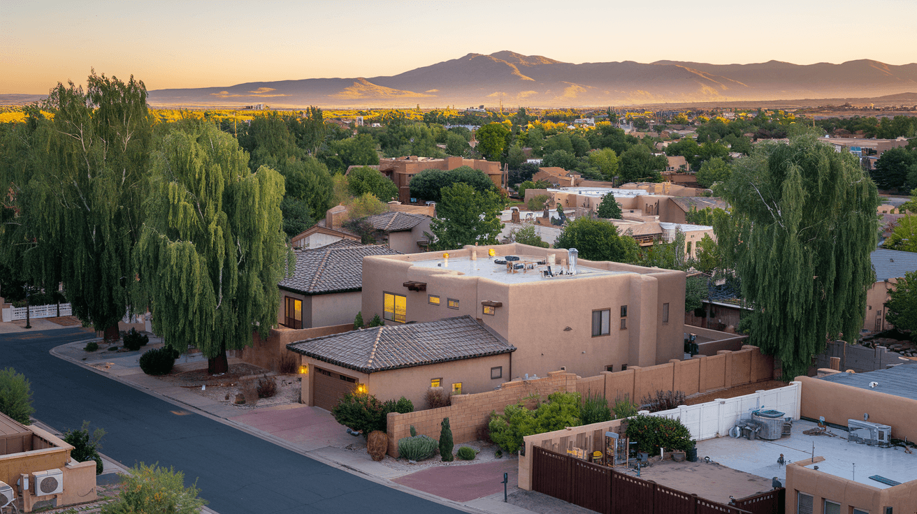 Aerial view of Albuquerque residential neighborhoods stretching toward the Sandia Mountains at golden hour, with the Rio Grande bosque visible in the foreground