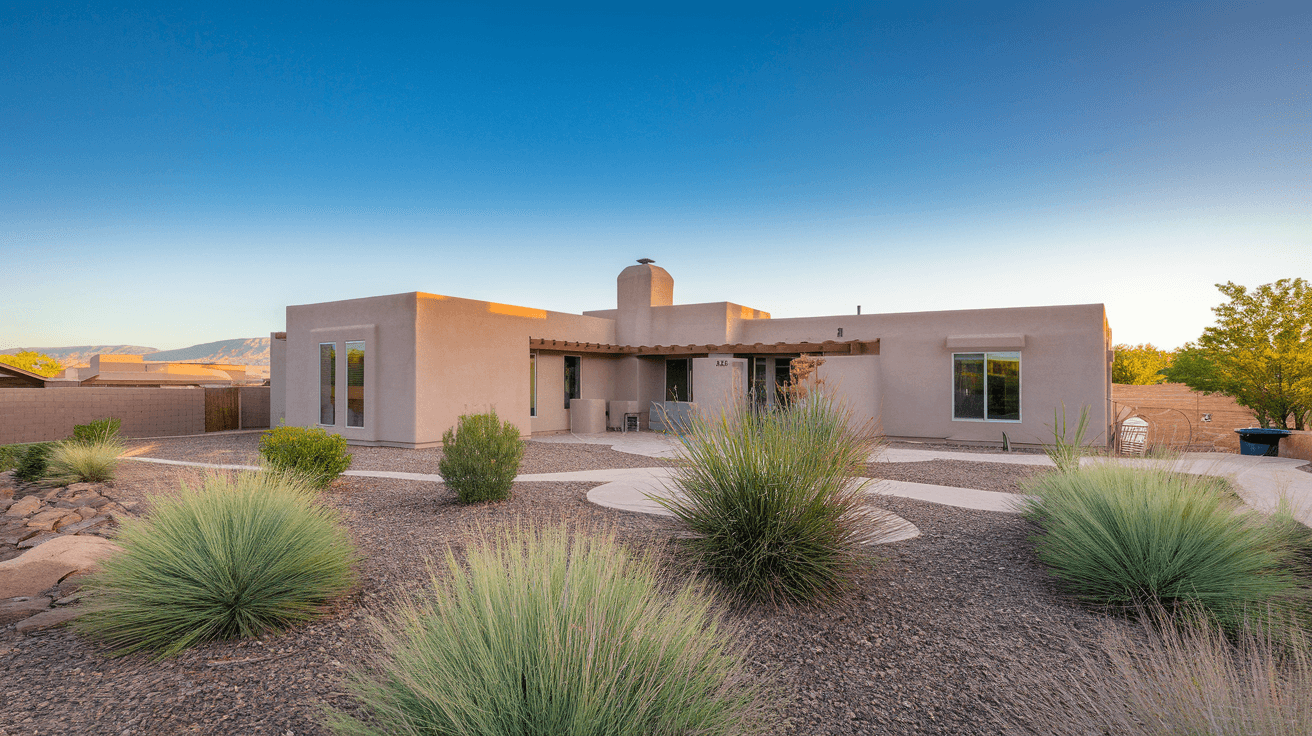 Newly constructed single-story stucco homes in a Rio Rancho subdivision with mountain views and desert landscaping, late afternoon light