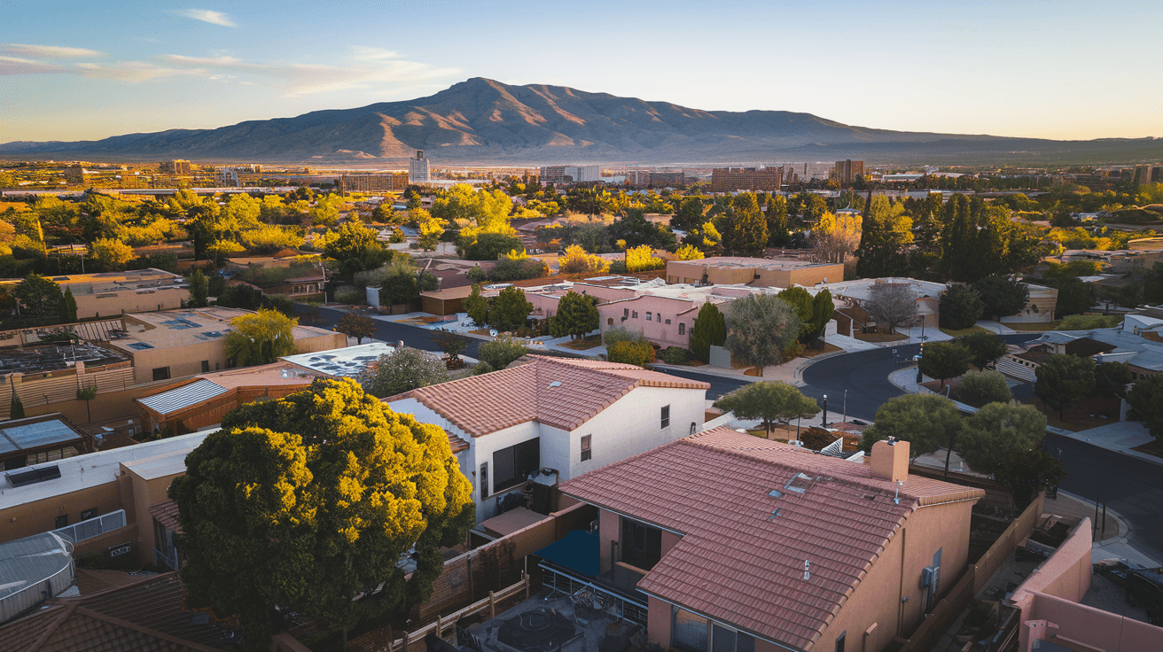 Aerial view of Albuquerque's Northeast Heights residential neighborhoods at golden hour, Sandia Mountains in background, tree-lined streets visible below