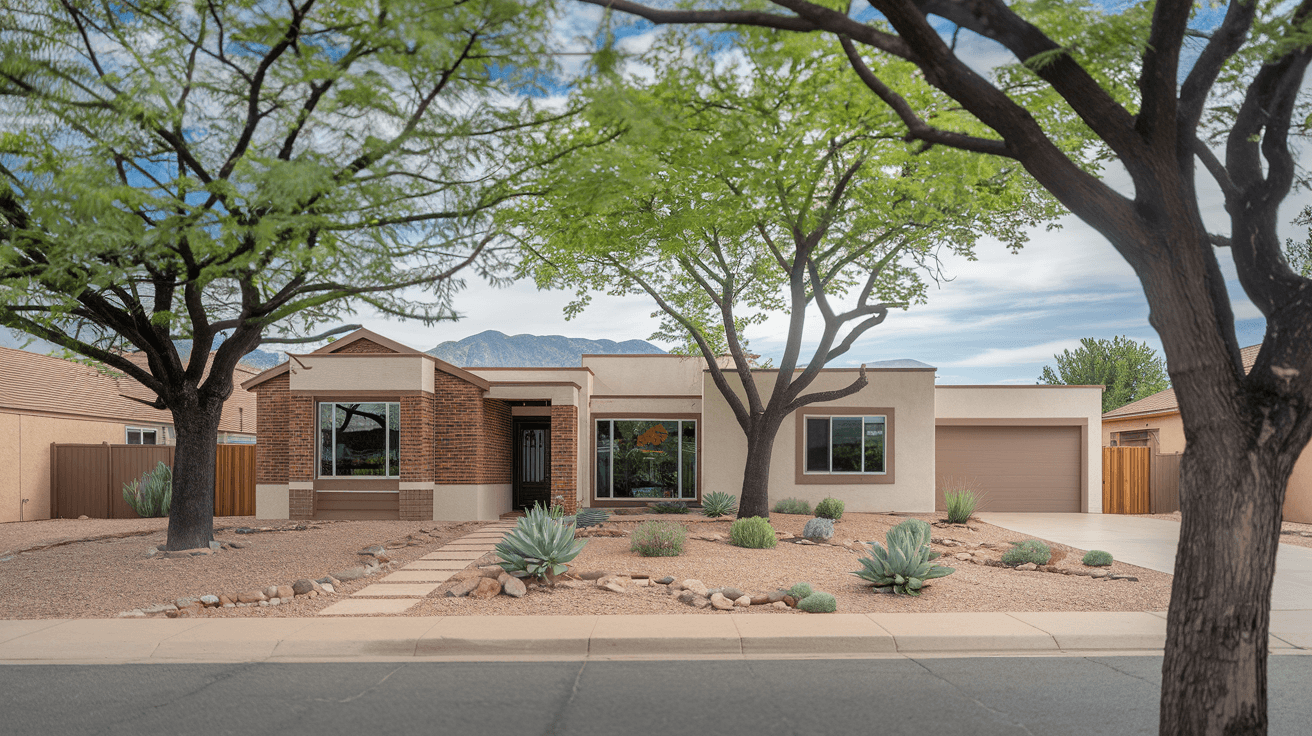 Wide-angle street view of a well-maintained 1970s ranch-style home in Albuquerque's Northeast Heights with mature cottonwood trees and the Sandia Mountains in the background