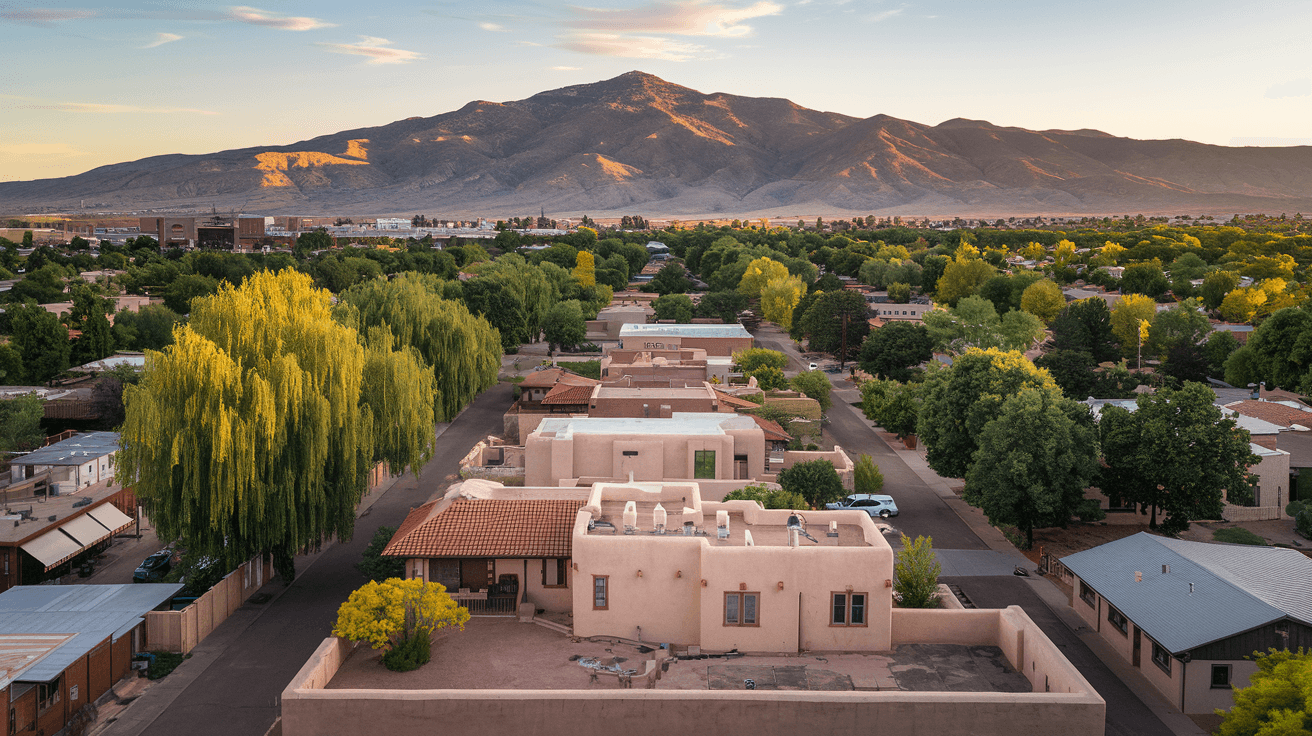 Aerial view of Albuquerque residential neighborhoods stretching toward the Sandia Mountains at golden hour, with the Rio Grande bosque visible in the foreground