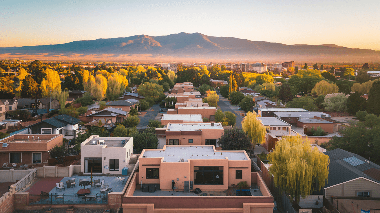 Aerial view of Albuquerque residential neighborhoods stretching toward the Sandia Mountains at late afternoon, warm light across rooftops and cottonwood trees along the Rio Grande corridor