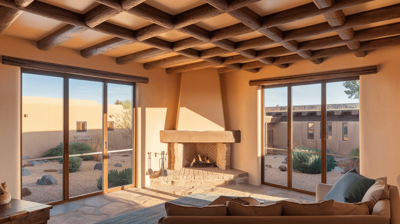 Interior of a bright, updated Albuquerque home with exposed vigas, kiva fireplace, and warm southwestern light coming through large windows overlooking a private courtyard
