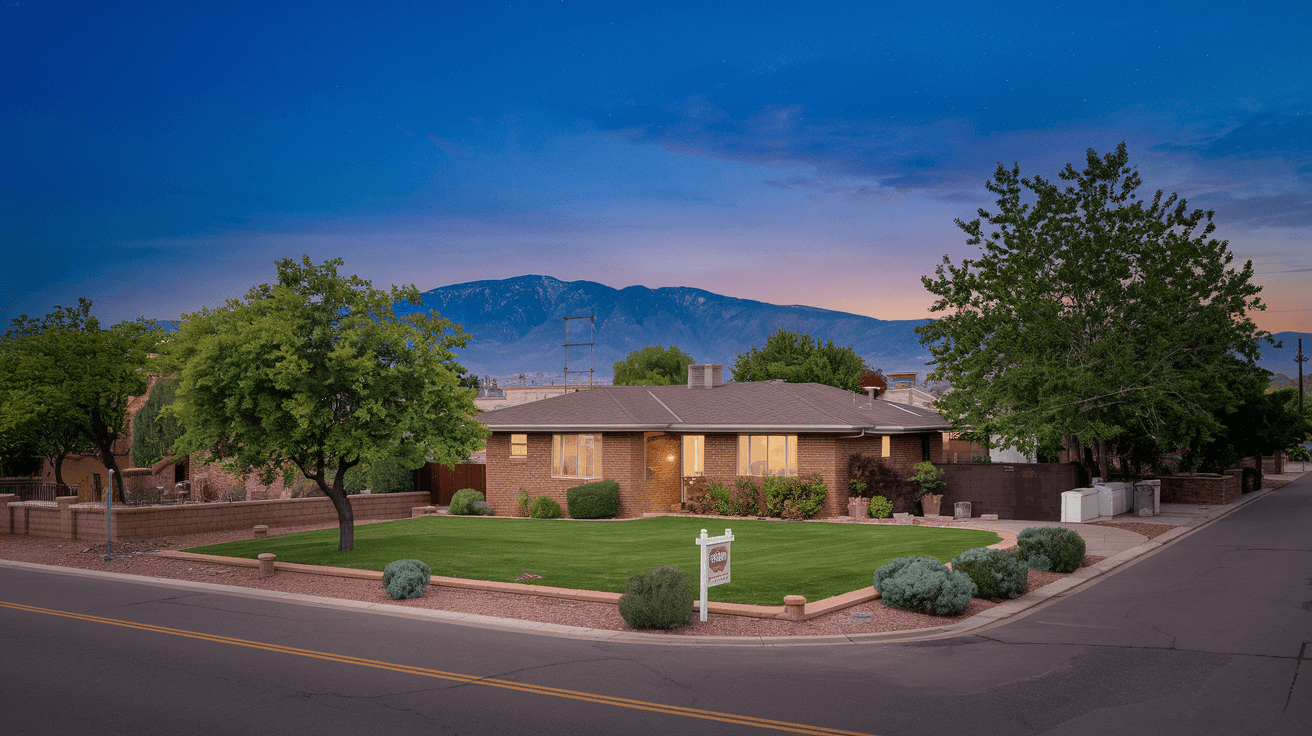 A well-maintained 1970s ranch-style home on a tree-lined street in Northeast Heights Albuquerque, green lawn, mountain views visible in background, blue sky
