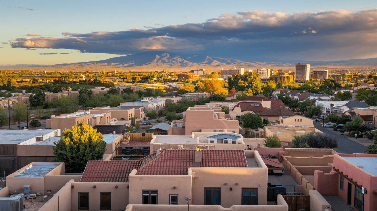 Aerial view of Albuquerque residential neighborhoods stretching toward the Sandia Mountains at golden hour, with the Rio Grande visible in the distance