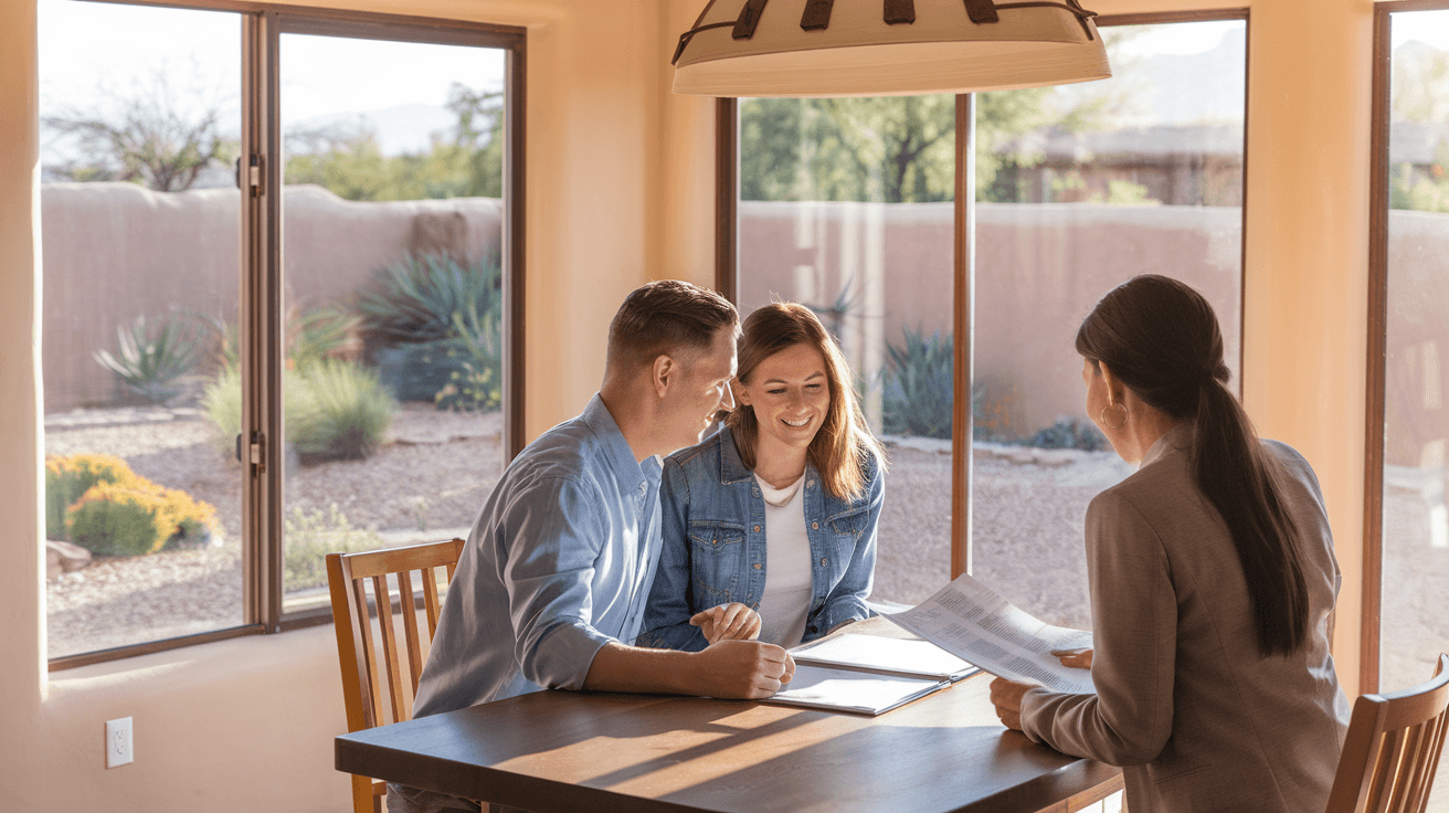 A couple reviewing home listing documents with a real estate agent at a kitchen table inside an Albuquerque home, natural light coming through large windows with a view of a landscaped desert yard