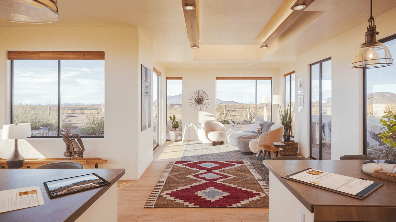 A young couple reviewing documents with a real estate agent at a kitchen table inside a bright, modern Albuquerque home, natural desert light coming through large windows, Sandia Mountain view partially visible