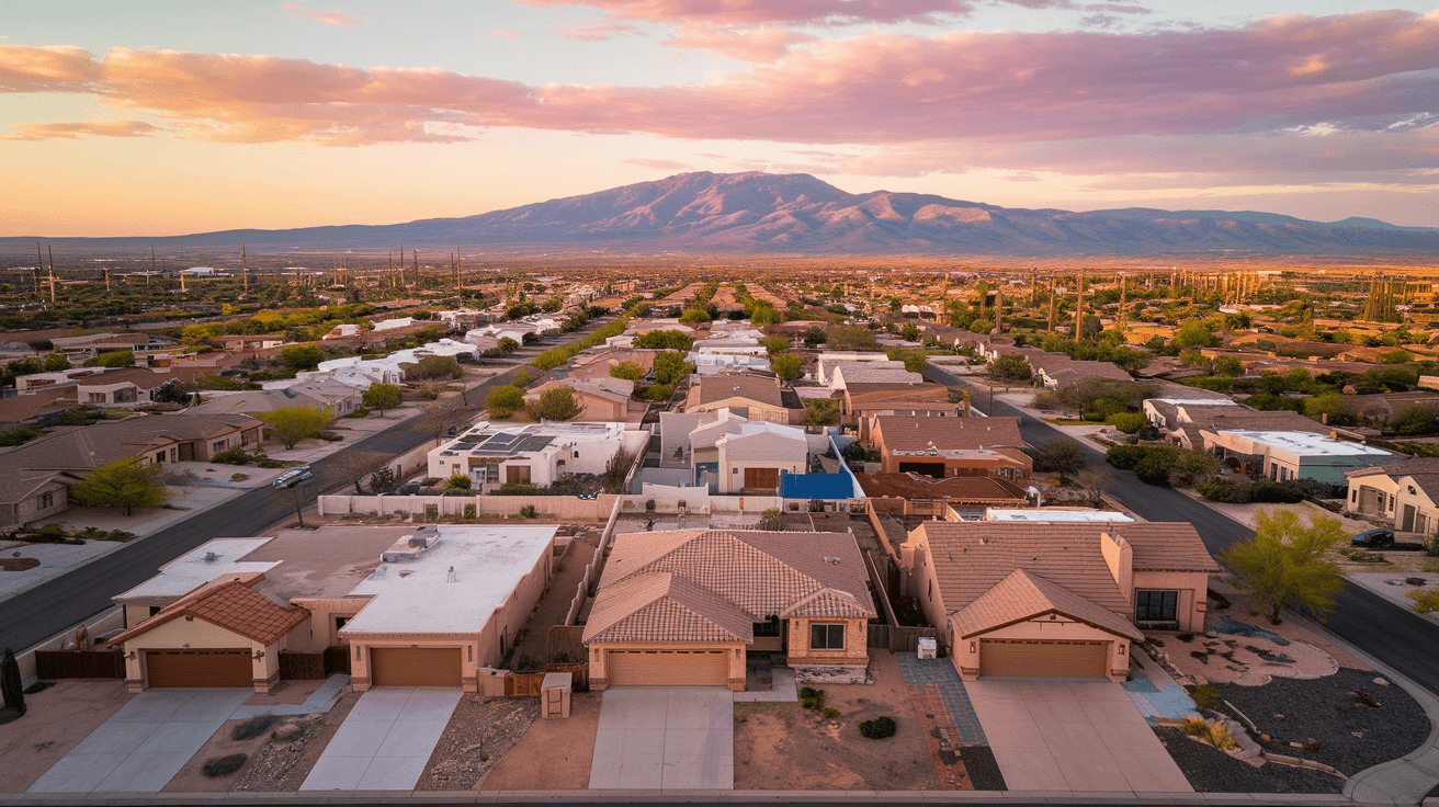 Aerial view of Albuquerque's Northeast Heights residential neighborhoods at golden hour, Sandia Mountains glowing pink in the background, grid of streets and mature trees visible below
