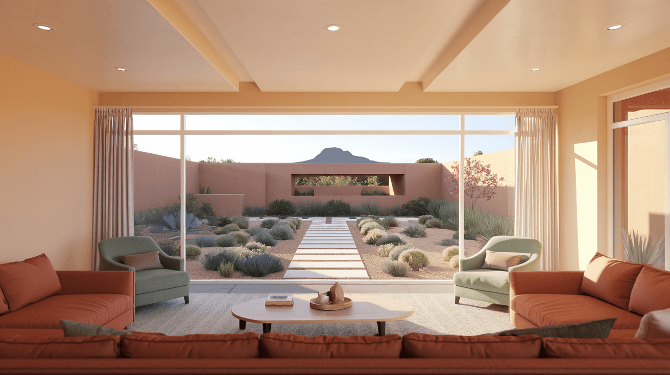 Interior of a bright, modern Albuquerque home staged for sale with desert-toned decor, large windows showing a xeriscaped backyard and mountain views in the distance