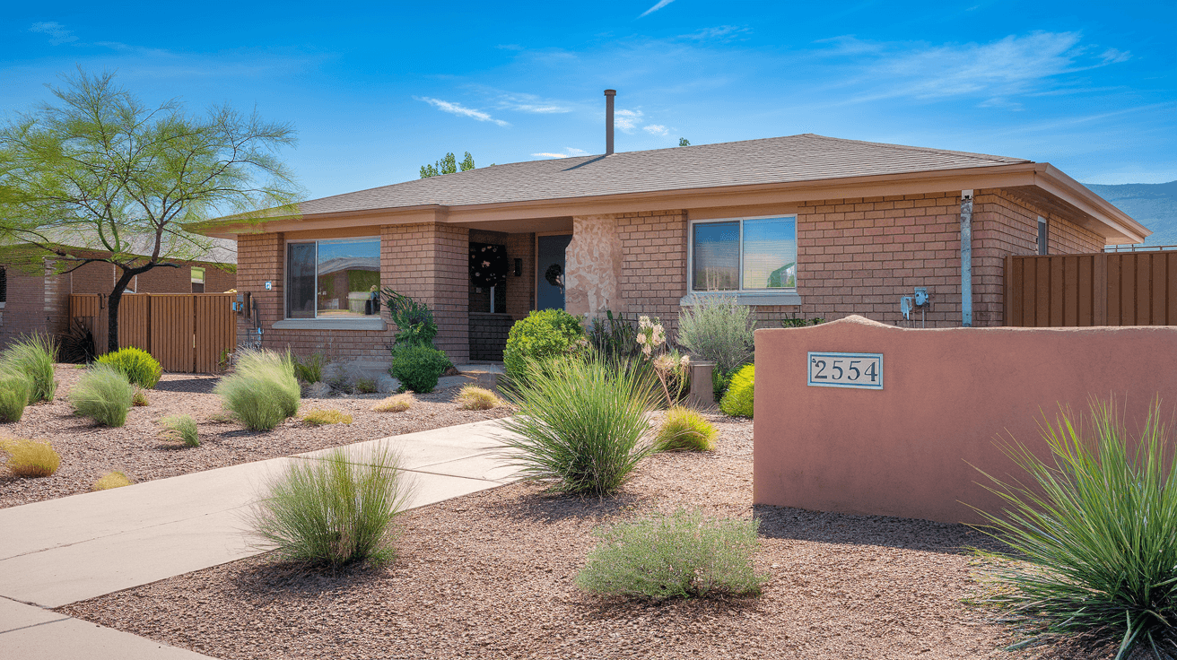 Street-level photograph of a well-maintained 1970s brick ranch home in Albuquerque's Northeast Heights with xeriscaped front yard, Zia symbol address tile, and Sandia Mountains visible in the background