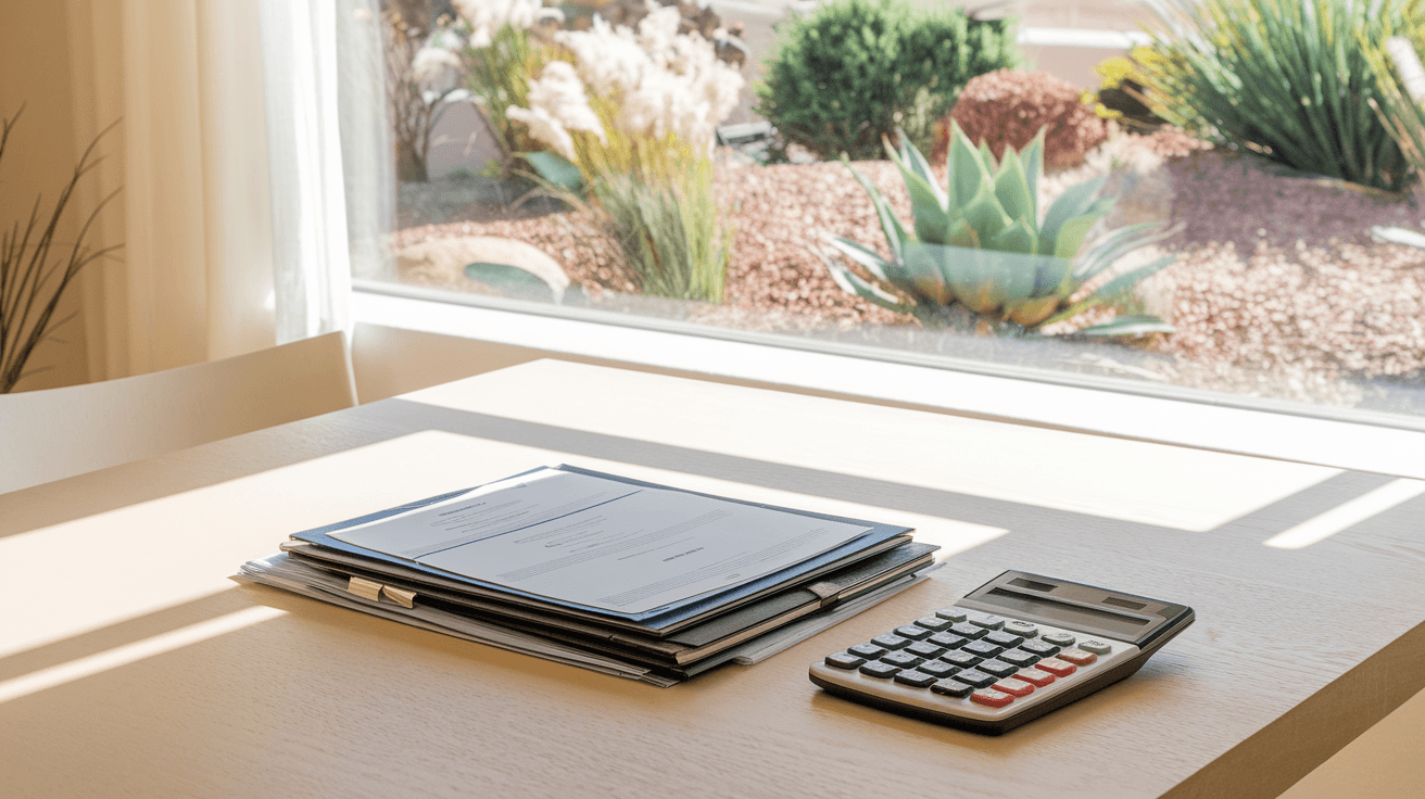 A couple reviewing documents at a kitchen table in a staged Albuquerque home, natural light from a southwest-facing window, desert landscaping visible through the window, no faces visible