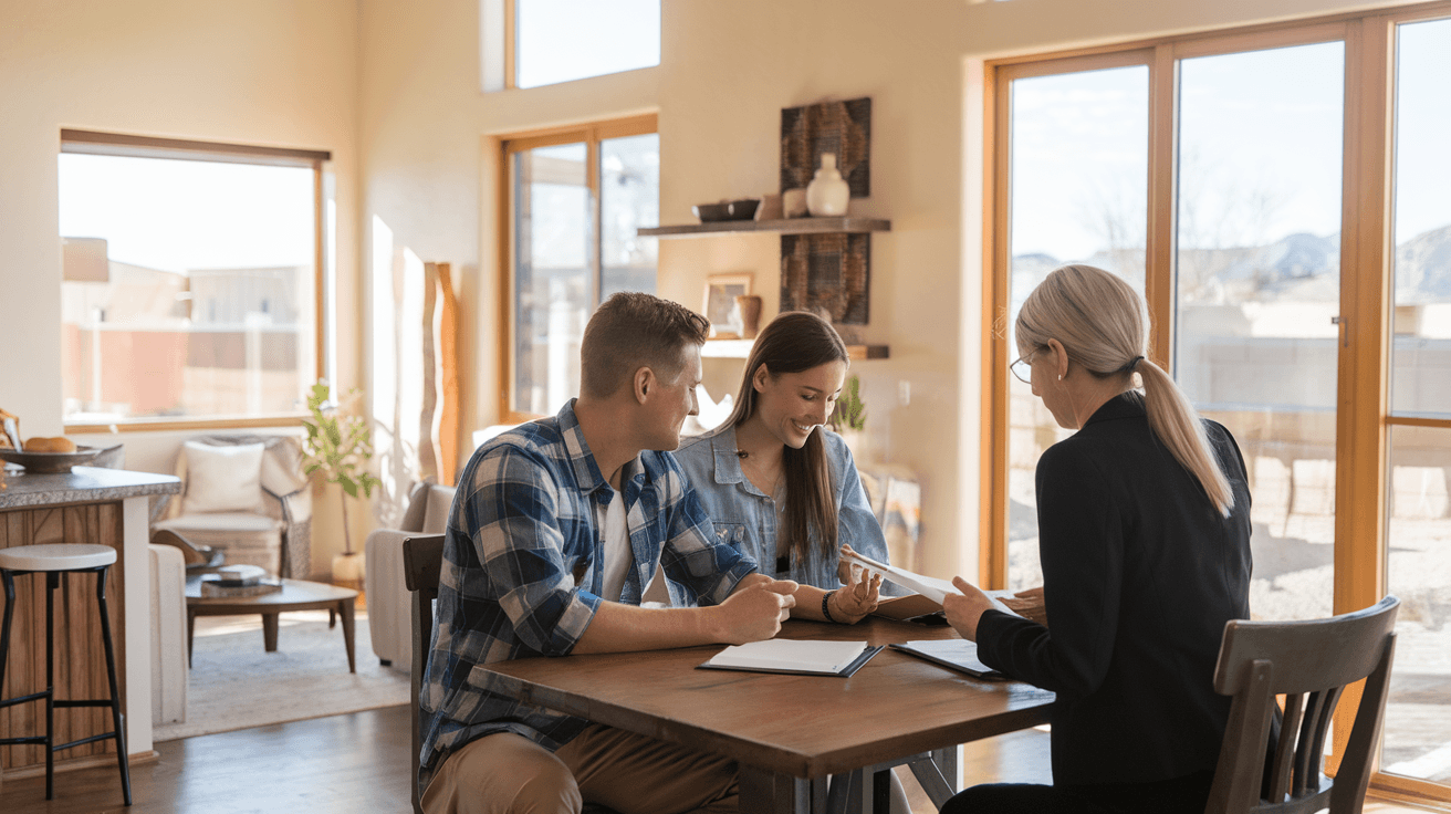 A young couple reviewing documents with a real estate agent at a kitchen table in a bright, modern Albuquerque home, natural light coming through large windows