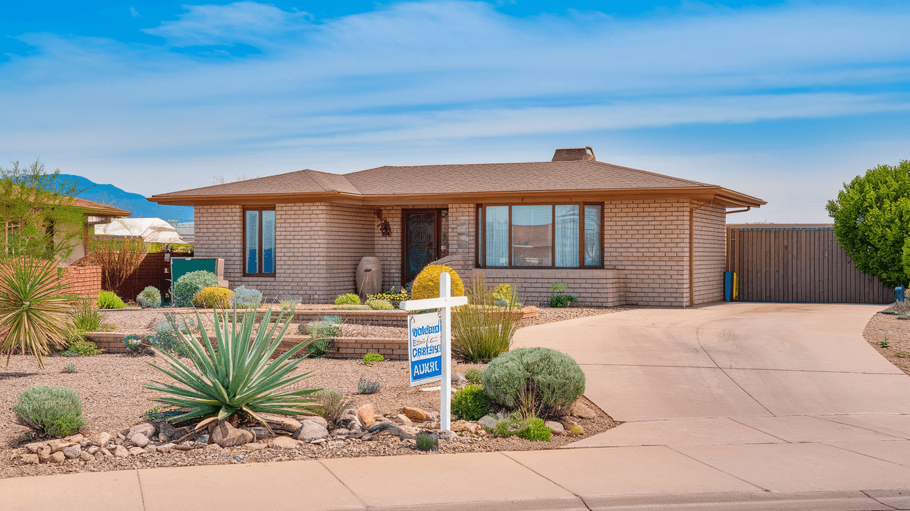 Street-level view of a well-maintained 1960s ranch-style home in Albuquerque's Northeast Heights with a for-sale sign in the yard, Sandia Mountains visible in the distance