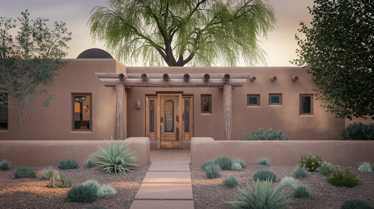 A well-maintained Pueblo Revival home in Albuquerque's North Valley with mature cottonwood trees, an adobe wall, and a xeriscaped front yard in afternoon light