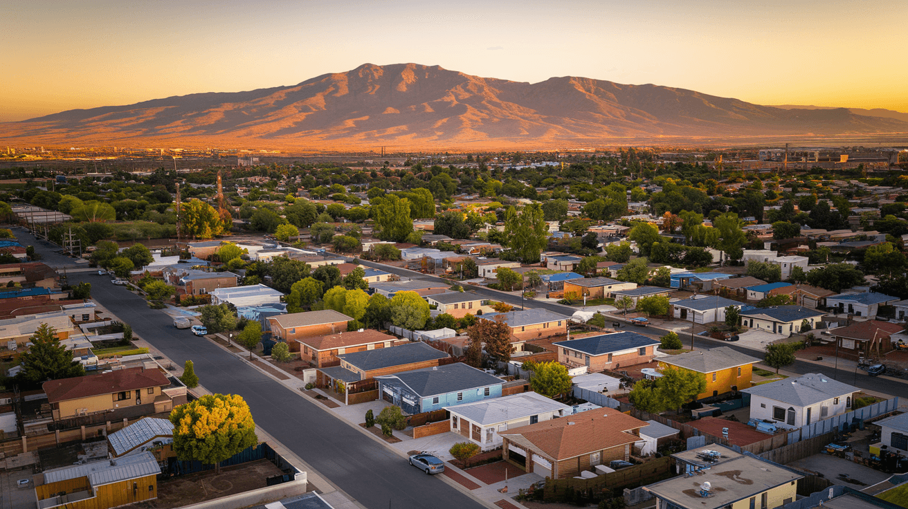 Aerial view of Albuquerque's Northeast Heights neighborhood at golden hour, with the Sandia Mountains glowing pink in the background and a grid of residential streets visible below