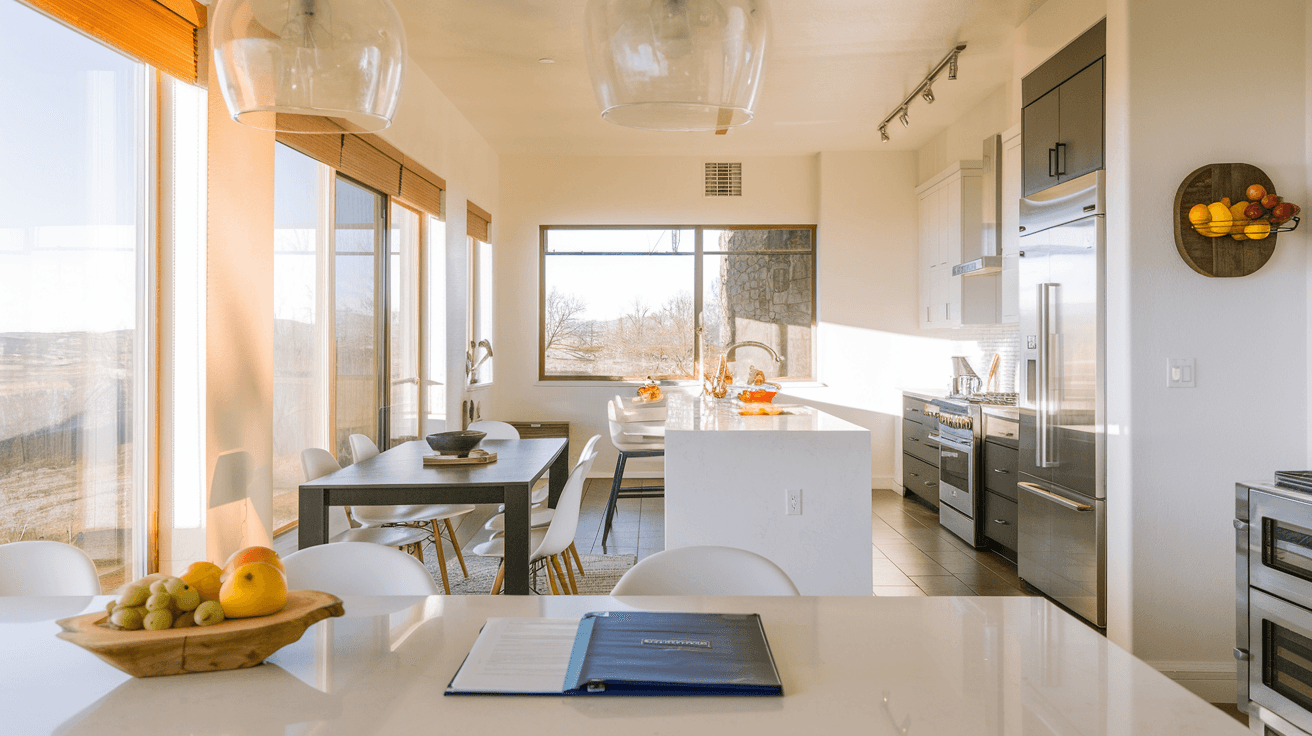 A real estate agent reviewing a purchase agreement at a kitchen table with clients in a bright, modern Albuquerque home interior, natural light coming through large windows