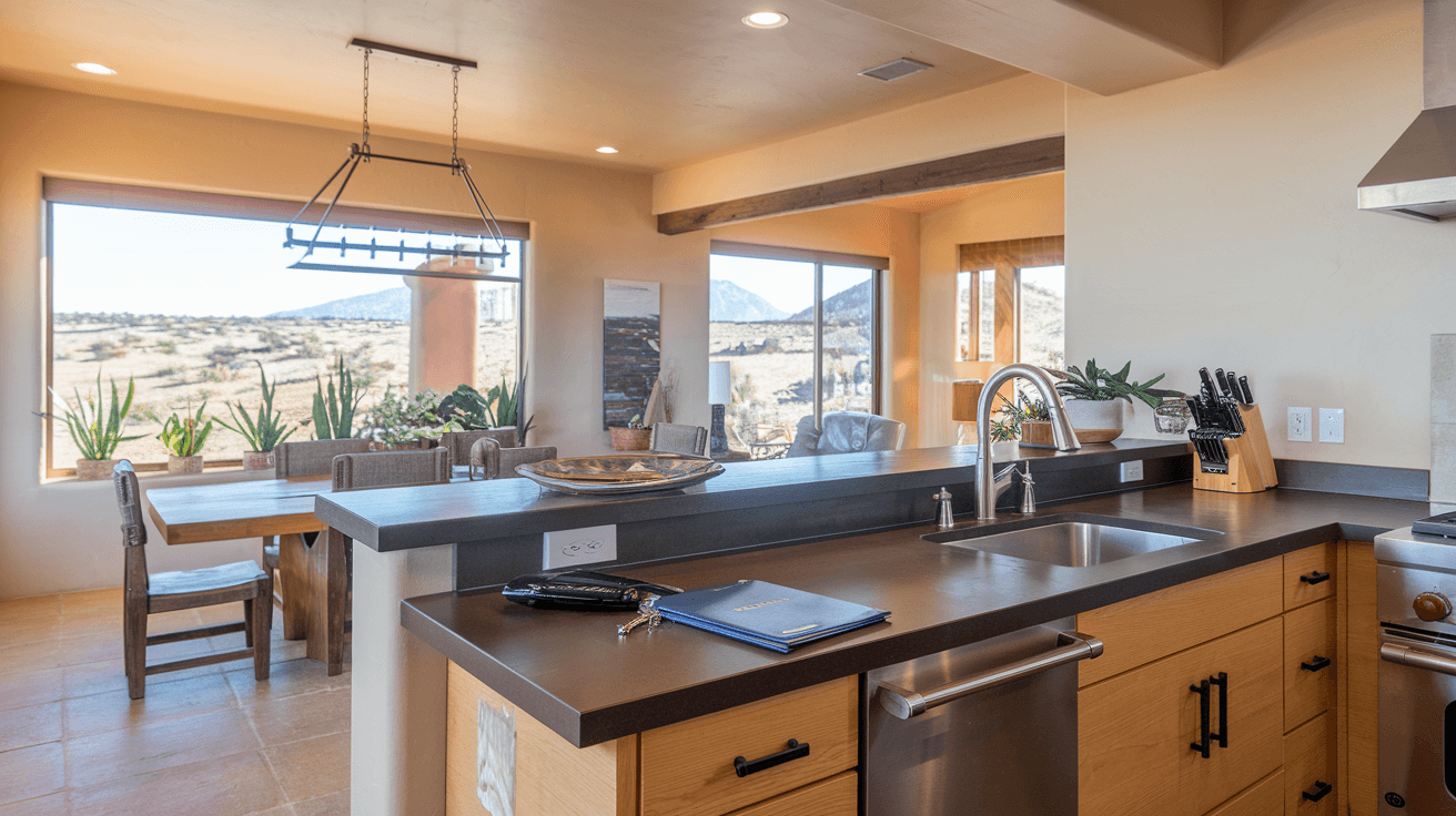 A couple reviewing documents at a kitchen table inside a recently purchased Albuquerque home, natural light coming through large windows, Sandia Mountains visible outside