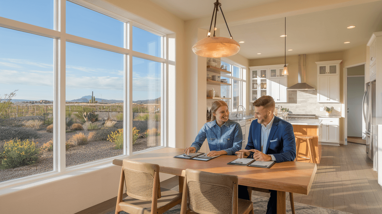 A couple reviewing documents with a real estate agent at a kitchen table in a modern Albuquerque home, natural light coming through large windows with desert landscaping visible outside
