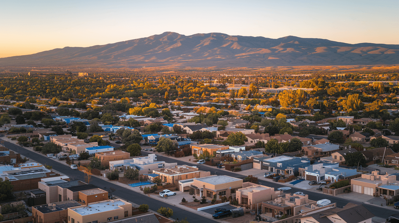 Aerial view of Albuquerque residential neighborhoods at golden hour with the Sandia Mountains in the background, showing the density of single-family homes across the Northeast Heights and foothills areas